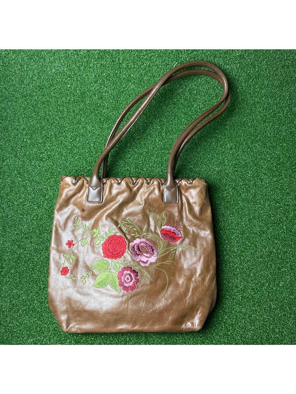 Naturalizer Brown Leather Embroidered Flower with Wallet Tote Bag Sz M